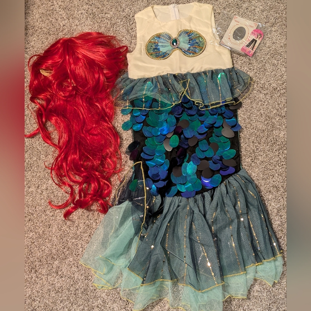 Girls Mermaid Costume Dress with Red Wig